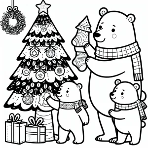 Página para colorear de familia de osos polares decorando un árbol de Navidad LED ecológico