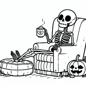Omalovánka zdarma: kostra relaxuje v křesle s dýňovým latté, ideální pro podzim a Halloween