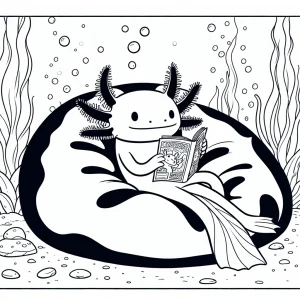 Omalovánka zdarma s axolotlem, který čte komiks v pytli pod vodou, k vytisknutí pro děti