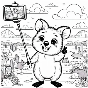 Quokka Selfie v australském outbacku – omalovánka pro děti zdarma k vybarvení