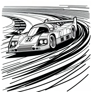 page de coloriage : voiture de course en drift sur un circuit, avec fumée et lignes d’action