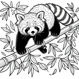 Omalovánka s červenou pandou balancující na bambusových větvích, detailní coloring page zdarma k vytištění