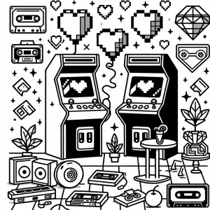 Retro 80s Arcade Party Malvorlage – kostenlose coloring page mit Spielkonsolen, Pixelherzen und Party-Szene zum Ausmalen