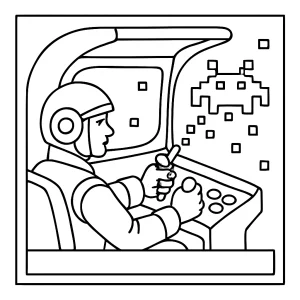 Retro Arcade Pilot Malvorlage: coloring page mit Pixel-Raumschiff zum Ausmalen für Kinder