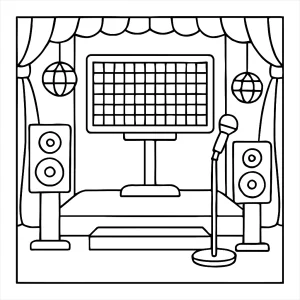 Retro karaoke stage omalovánka s pixelovou obrazovkou a mikrofony – coloring page k vytištění