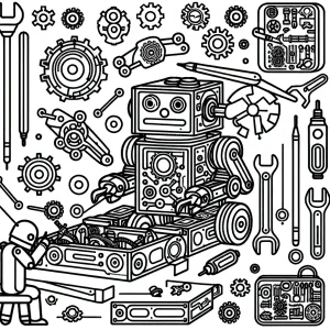 page de coloriage d’un robot assembleur qui construit des pièces et engrenages dans un atelier pour enfants