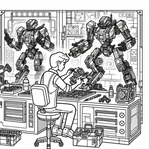 Robot assembleur construisant des robots Lego dans un atelier futuriste