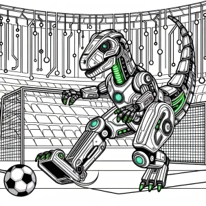 Omalovánka robotický dinosaurus brankář blokuje penaltu v neonovém cyber stadionu