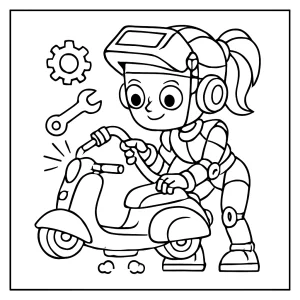 Robotická mechanika dívka svařuje vznášející skútr – omalovánka zdarma pro děti k vytištění