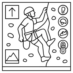 Omalovánka s atletem při lezení na skále v taktickém diagramu ke stažení a vybarvení