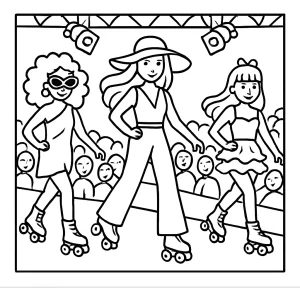 Módní přehlídka na kolečkových bruslích – omalovánka pro děti, coloring page zdarma k vytištění