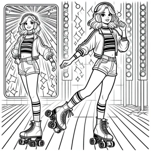 Retro 90s Roller-Skating Girl coloring page – omalovánka dívky na bruslích k vytištění zdarma