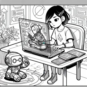 STEM dívka programuje u holografického laptopu s robotem – omalovánka k vytištění zdarma