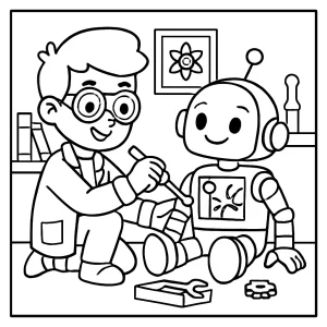 Omalovánka STEM vynálezce opravuje přátelského robota, omalovánka pro děti zdarma