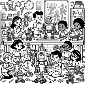 Children building robots in a STEM lab on their first day