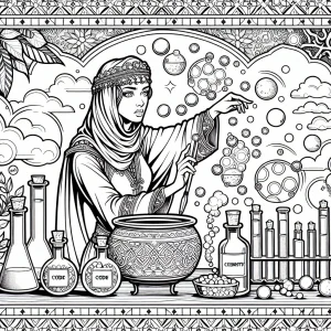 STEM-Zauberin mixt Code und Chemie im Labor, Malvorlage zum Ausdrucken – coloring page