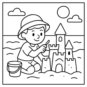 Omalovánka architekt staví písečný hrad na pláži – coloring page vhodná k vytištění a vybarvení