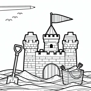 Sandburg mit Flagge und Schaufel Malvorlage – kostenlose coloring page zum Ausdrucken