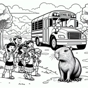 Capybara driving school bus with excited students
