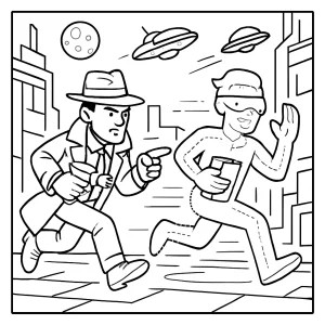Sci-fi detektiv pronásleduje hologramového zloděje - omalovánka zdarma, coloring page pro děti k vytištění