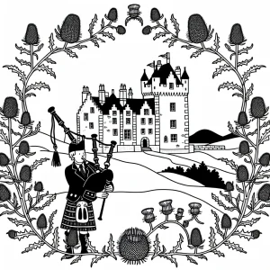 Omalovánka škótsky hrad a gajdoš – coloring page na vytlačenie zdarma