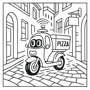 Autonómny pizza skúter v úzkej európskej uličke - omalovánka, coloring page pre deti na vyfarbenie
