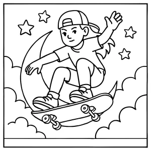 Omalovánka dívky na skateboardu skákající přes srpek měsíce – coloring page pro tisk a vybarvení