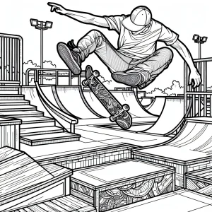 Omalovánka skateboardisty dělajícího kickflip ve skateparku – coloring page ke stažení zdarma