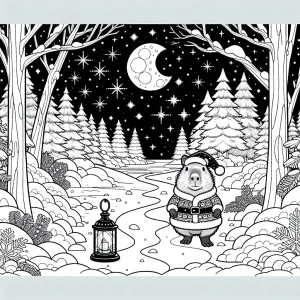 Página para colorear de un carpincho disfrazado de Santa en un bosque nevado nocturno con linternas