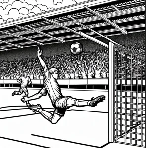 Omalovánka fotbalista střílí gól – coloring page s hráčem, stadionem a fanoušky k vybarvení