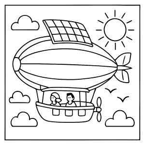 Omalovánka solární vzducholoď – coloring page s motivem vzducholodi poháněné sluncem k vybarvení