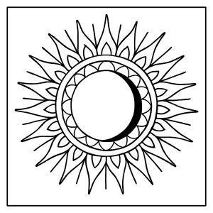 page de coloriage mandala éclipse solaire avec rayons de la couronne autour de la lune