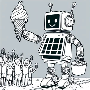 Solární robot rozdává zmrzlinu na pláži – omalovánka k vytisknutí zdarma