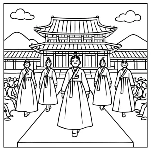 Omalovánka hanbok fashion show v královském paláci – coloring page s tradičními korejskými šaty ke stažení zdarma