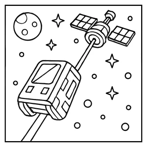 Omalovánka vesmírného výtahu s vozidlem stoupajícím k orbitální stanici – coloring page ke stažení zdarma