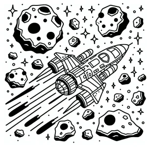 Malvorlage eines Raumschiffs, das durch ein Asteroidenfeld fliegt – coloring page für Kinder
