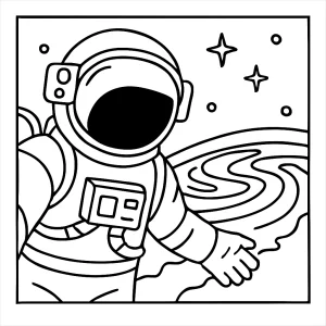 Astronauta tomando una selfie en el espacio con la Tierra y aurora boreal debajo - página para colorear