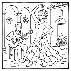Flamenco courtyard dance omalovánka – obrázek k vybarvení zdarma pro děti