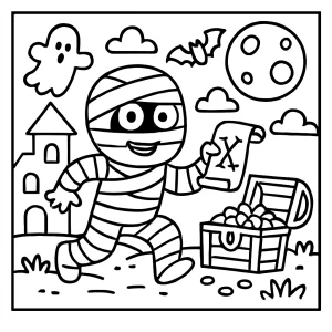 Omalovánka mumie na honbě za pokladem – dětská strašidelná coloring page zdarma k vytištění