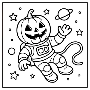 Omaľovánka s tekvicovým astronautom vznášajúcim sa vo vesmíre – coloring page na vytlačenie zdarma
