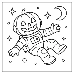 Vtipná omalovánka zdarma s dýní-astronautem plujícím ve vesmíru pro děti k vytištění