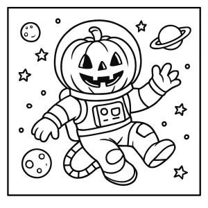 Omalovánka dýňového astronauta ve vesmíru, dětská omalovánka zdarma k vytištění