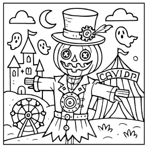 Steampunk strašák na karnevalu – omalovánka coloring page k vytištění zdarma