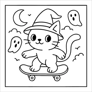 Kočičí čarodějnice na skateboardu omalovánka zdarma pro tisk a vybarvení