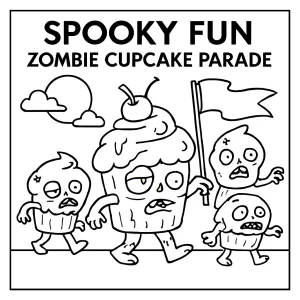 Strašidelný průvod zombie muffinů – omalovánka k vytisknutí zdarma