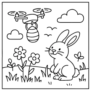 Spring bunny drone egg delivery coloring page for kids