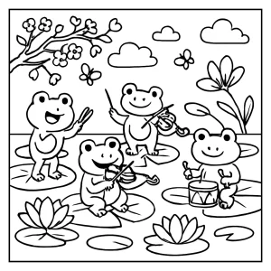 Jarní žabí orchestr u jezírka – omalovánka coloring page pro děti k vytištění