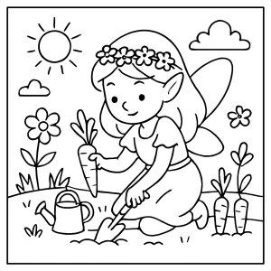 Omalovánka jarní víla sází mrkve na zahradě – coloring page k vytištění zdarma