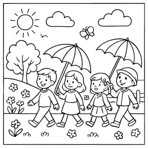 Omalovánka jarního průvodu dětí s barevnými deštníky a duhou – kreativní coloring page ke stažení a vybarvení