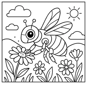 Omalovánka robotí včelka opylující květiny na jarní louce – coloring page zdarma pro děti